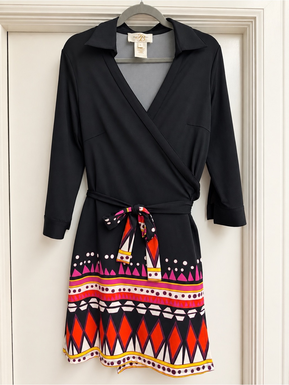 JB by Julie Brown Black Wrap Dress with Multicolor Geometric Hem